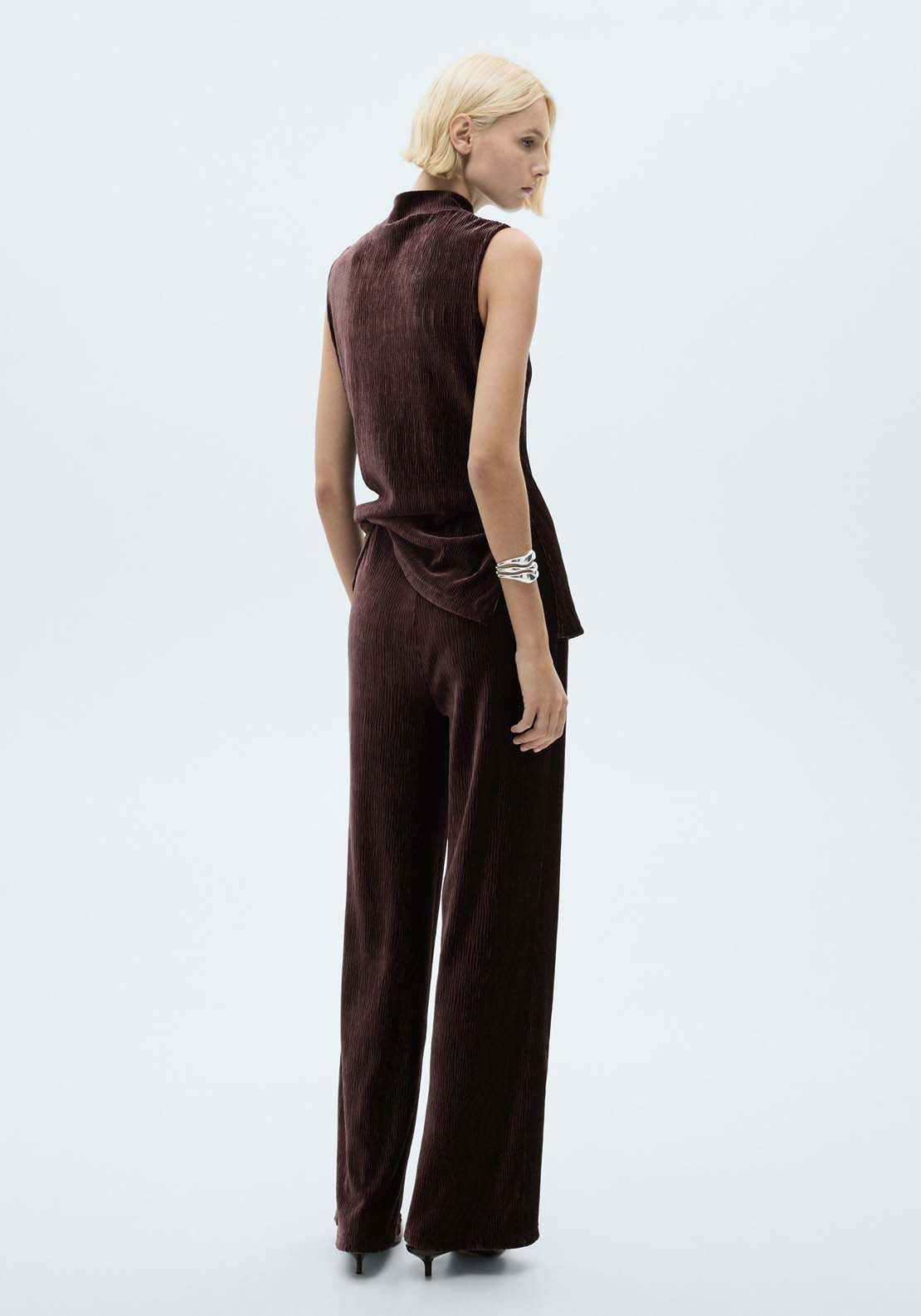 Mango Wide leg velvet trousers - Dark Red 3 Shaws Department Stores
