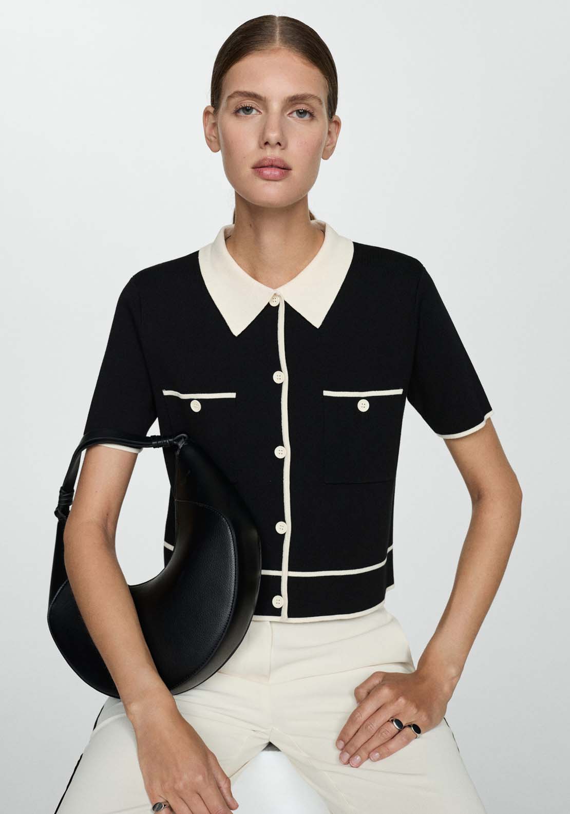 Mango Short-sleeved cardigan with contrasting trims - Black 1 Shaws Department Stores