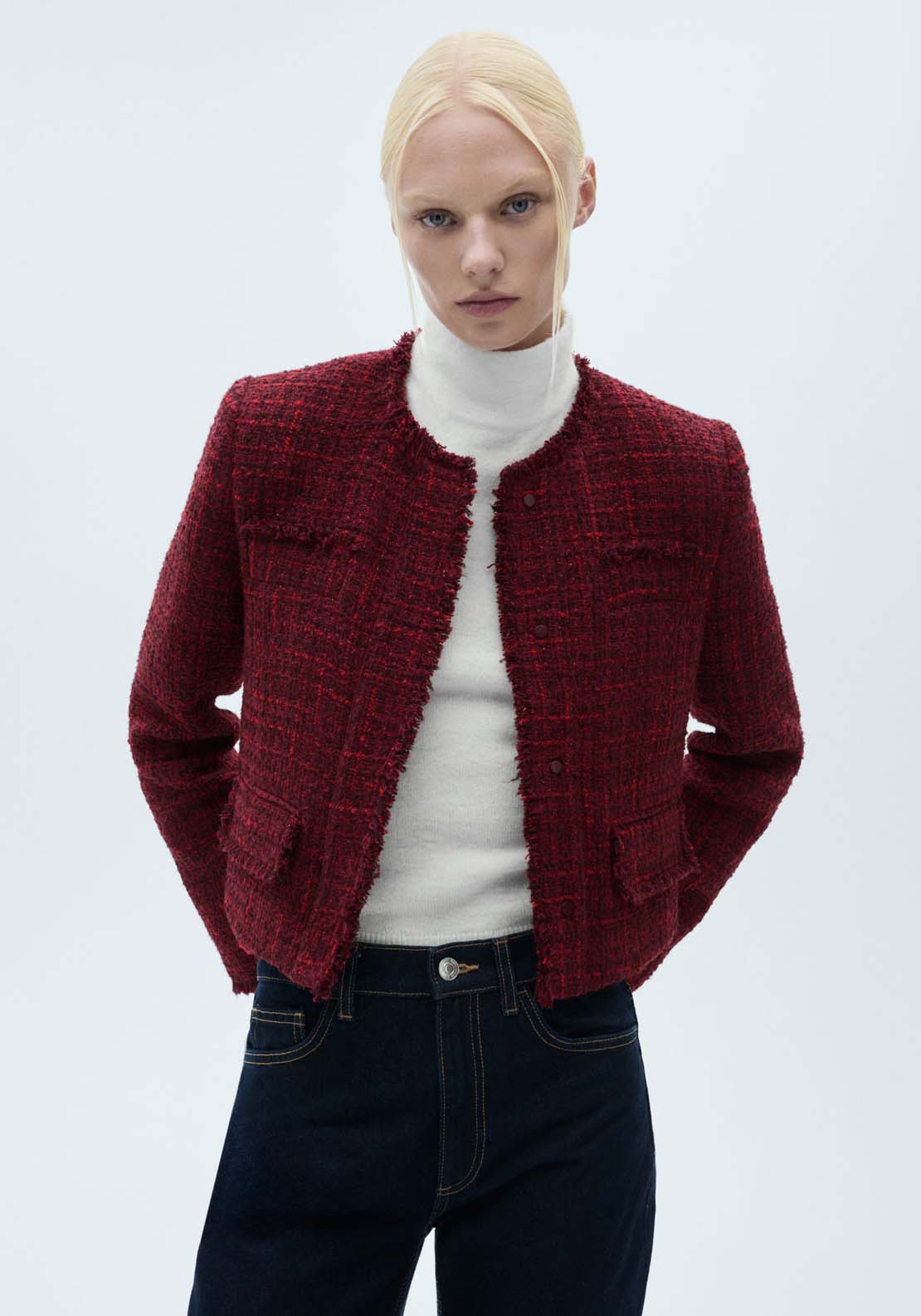 Mango Tweed jacket with frayed ends - Dark Red 1 Shaws Department Stores