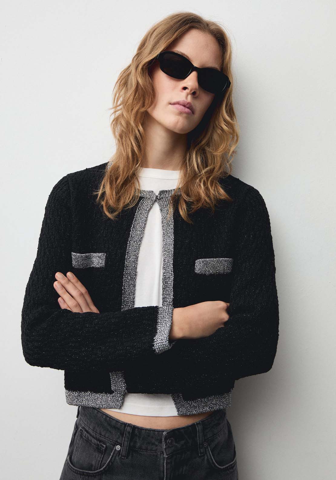 Mango Knitted jacket with lurex detail - Black 1 Shaws Department Stores