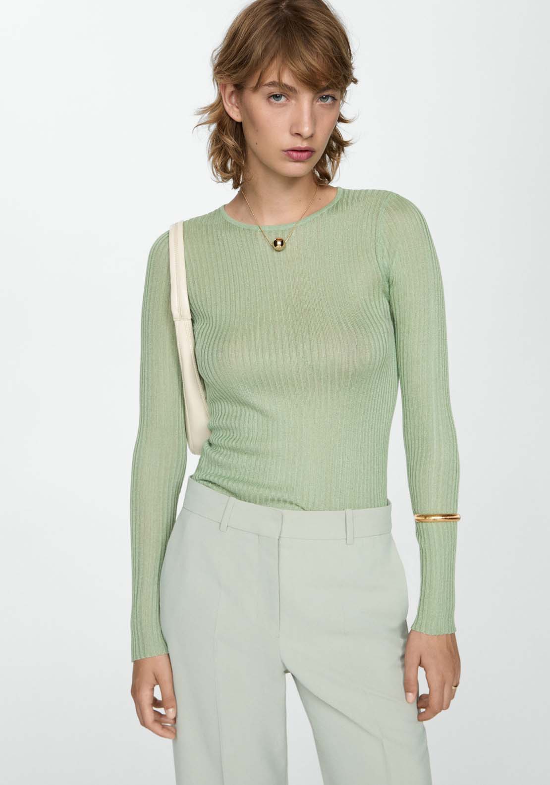 Mango Fine ribbed knit sweater - Light/pastel Green 1 Shaws Department Stores