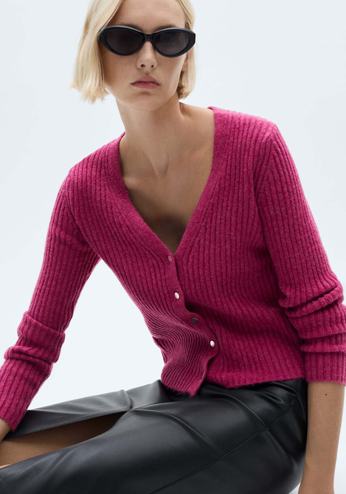 Mango Knitted cardigan with metallic buttons - Bright Pink 1 Shaws Department Stores