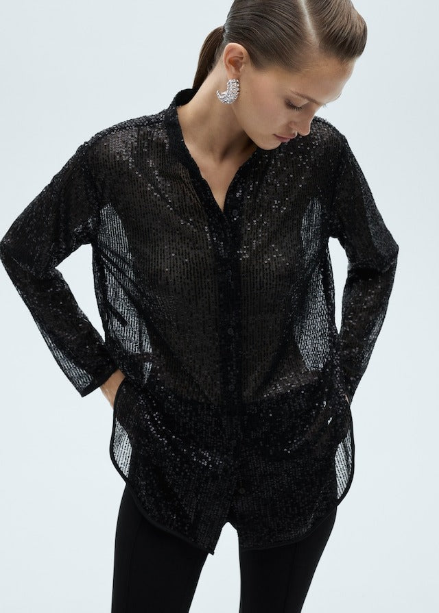 Mango Semi-transparent sequined shirt - Black 1 Shaws Department Stores