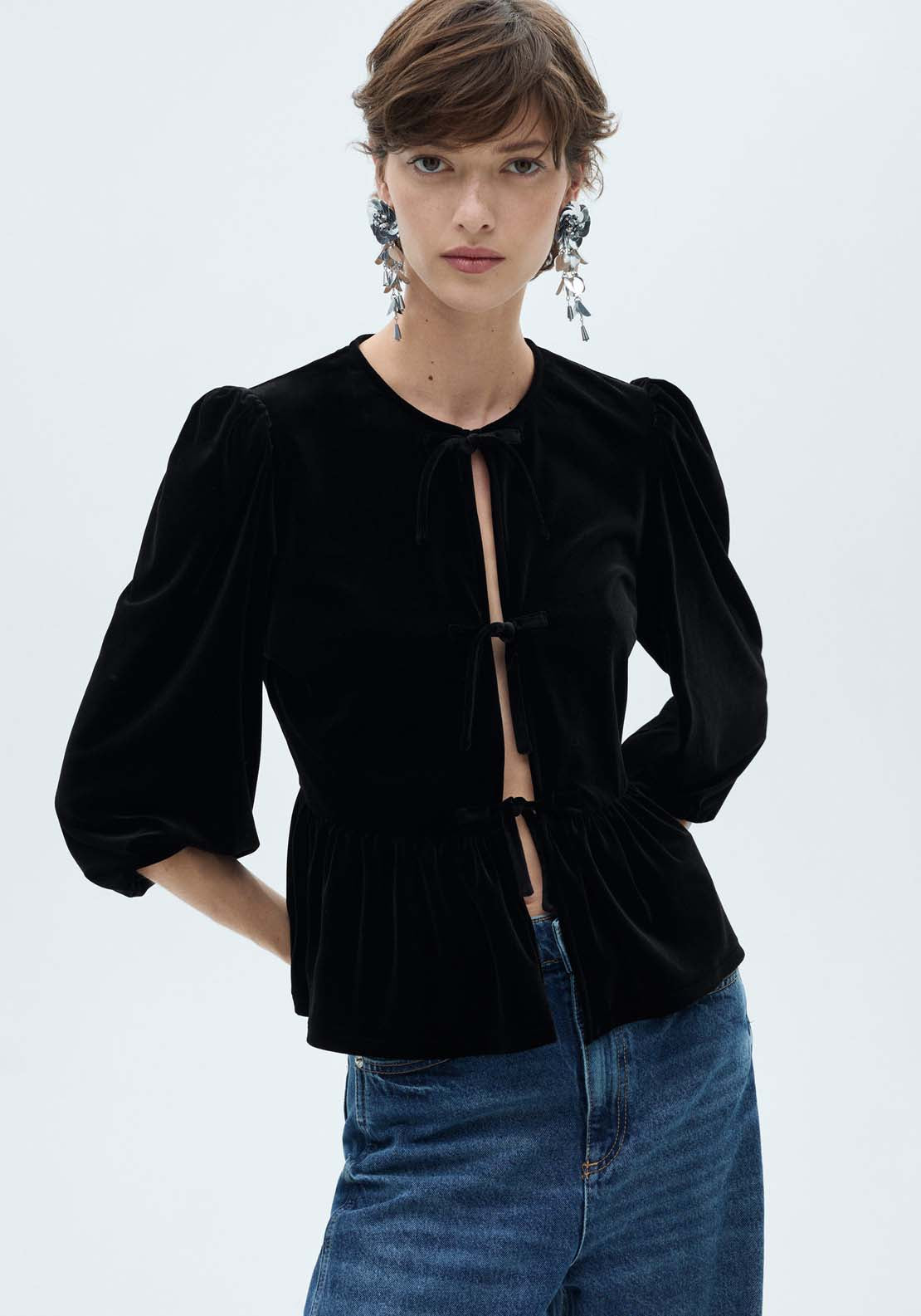 Mango Velvet blouse with bows - Black 1 Shaws Department Stores