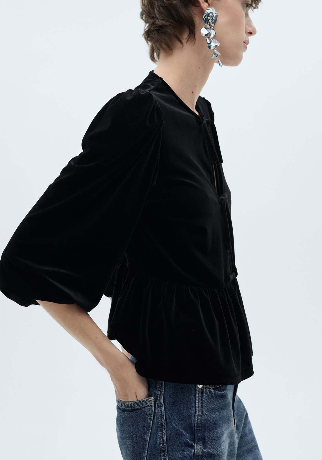 Mango Velvet blouse with bows - Black 2 Shaws Department Stores