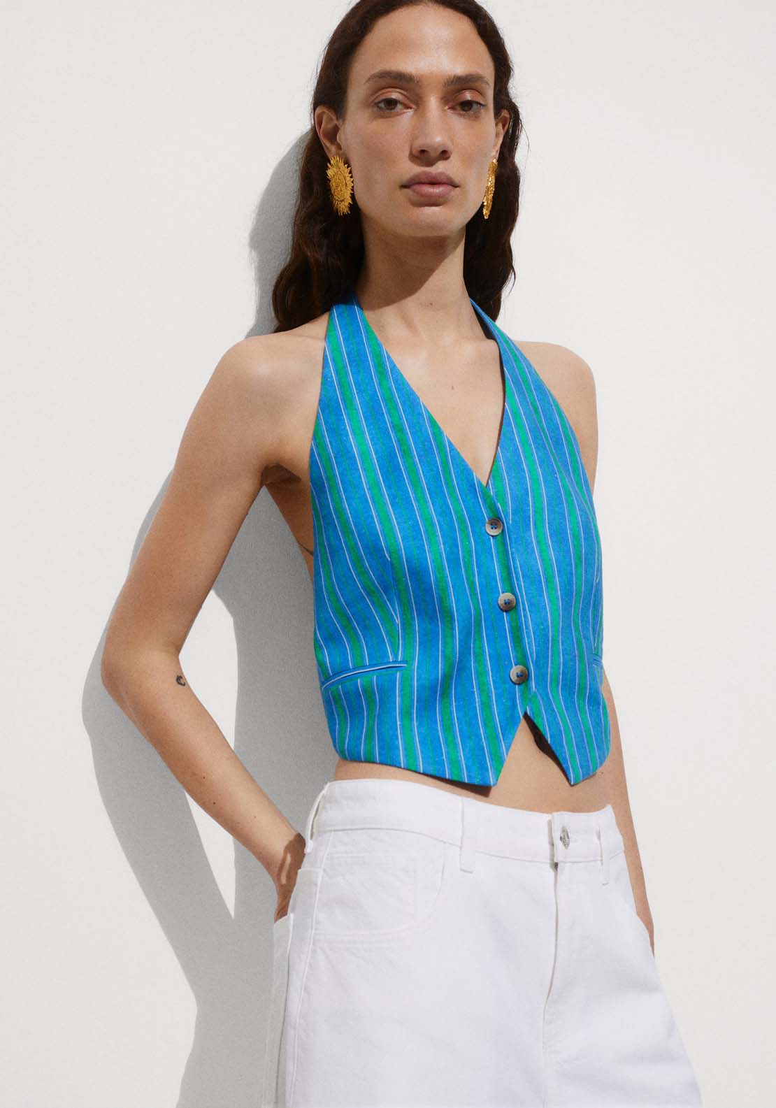 Mango Striped linen printed waistcoat 1 Shaws Department Stores