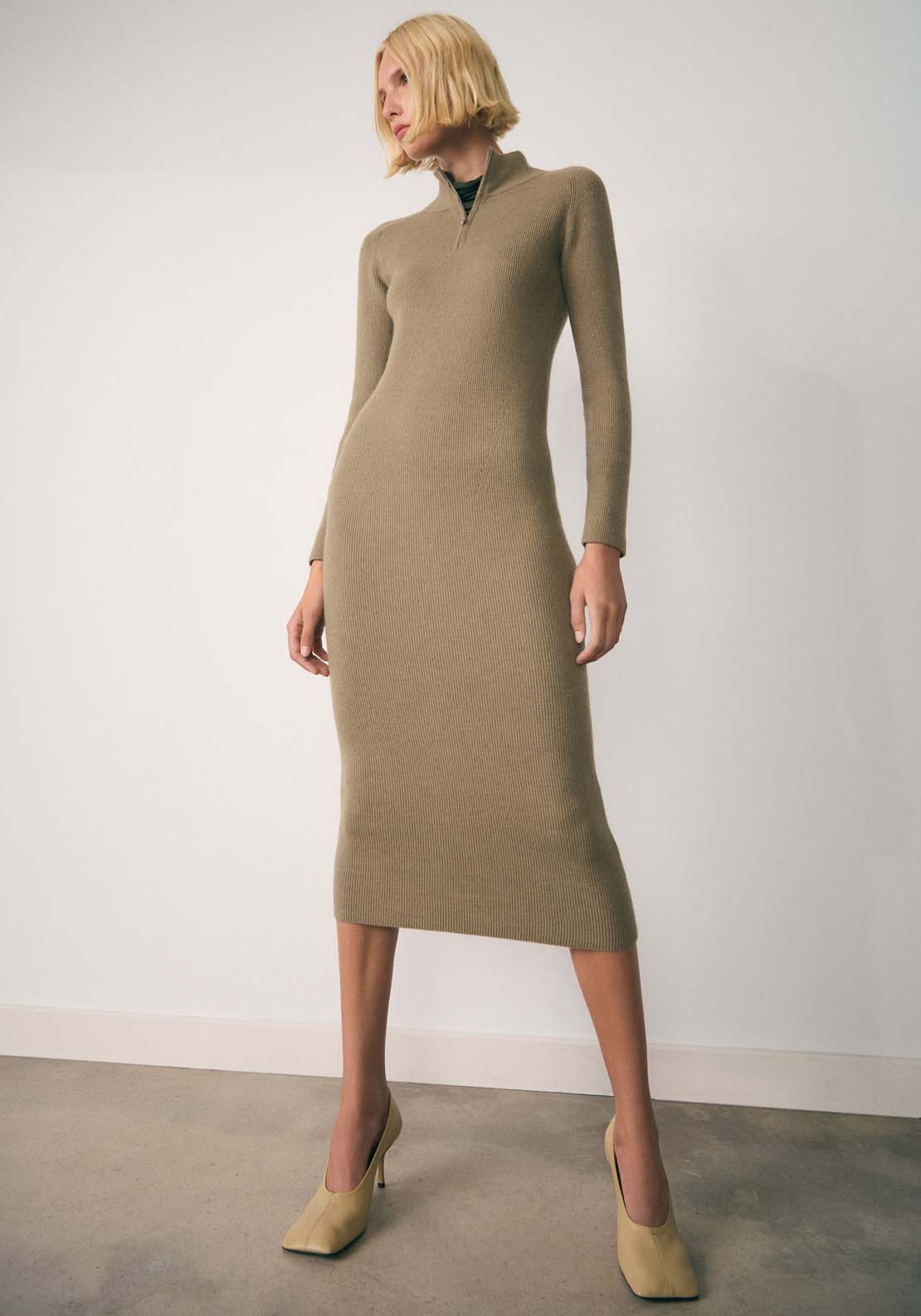 Mango Zip Knitted dress - Beige/khaki 1 Shaws Department Stores