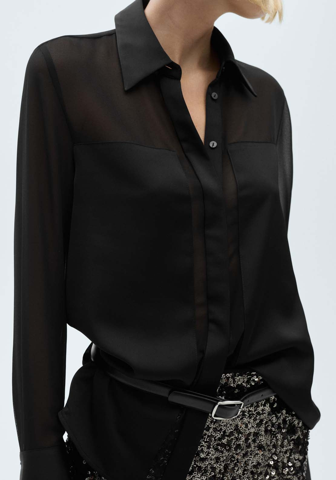 Mango Chiffon shirt with satin panels - Black 1 Shaws Department Stores