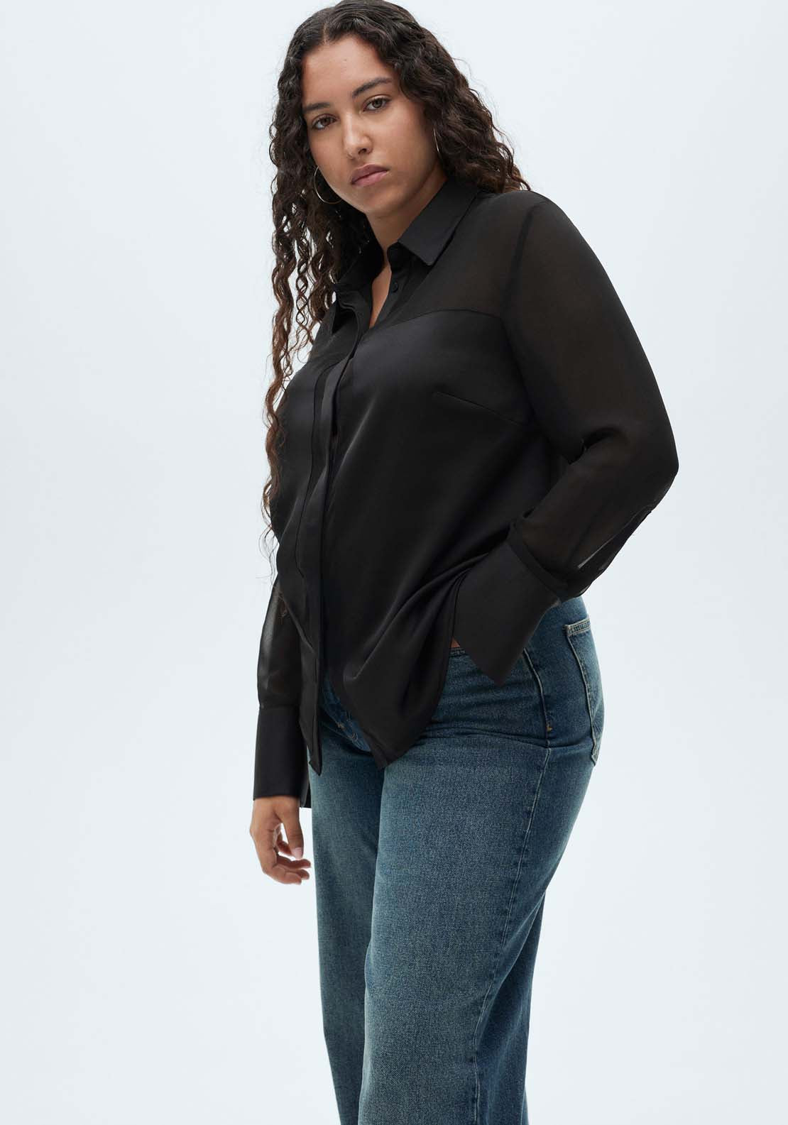 Mango Chiffon shirt with satin panels - Black 5 Shaws Department Stores