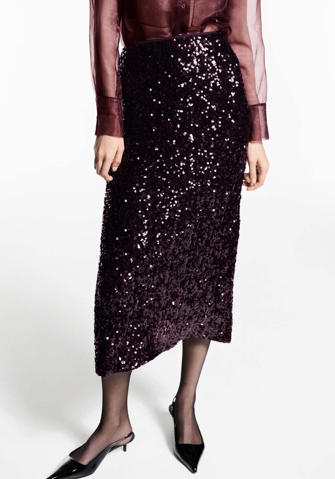 Mango Sequin midi skirt - Dark Red 1 Shaws Department Stores