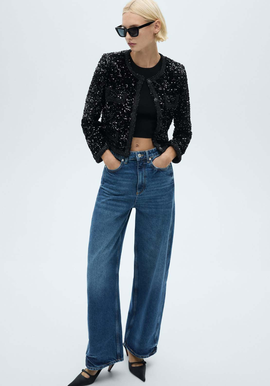 Mango Sequin jacket with pockets - Black 4 Shaws Department Stores