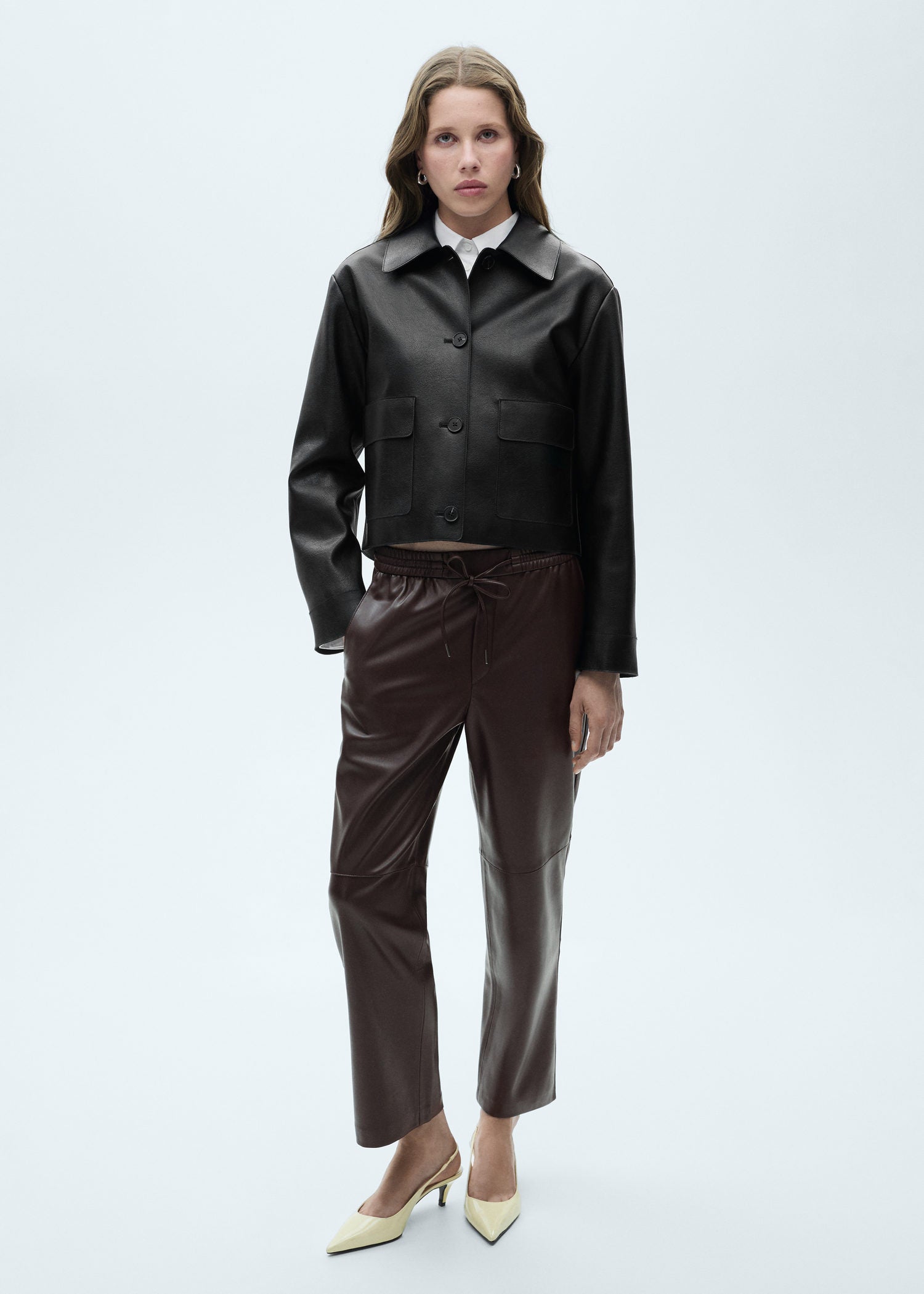 Mango Leather-effect elastic waist trousers - Dark Brown 1 Shaws Department Stores