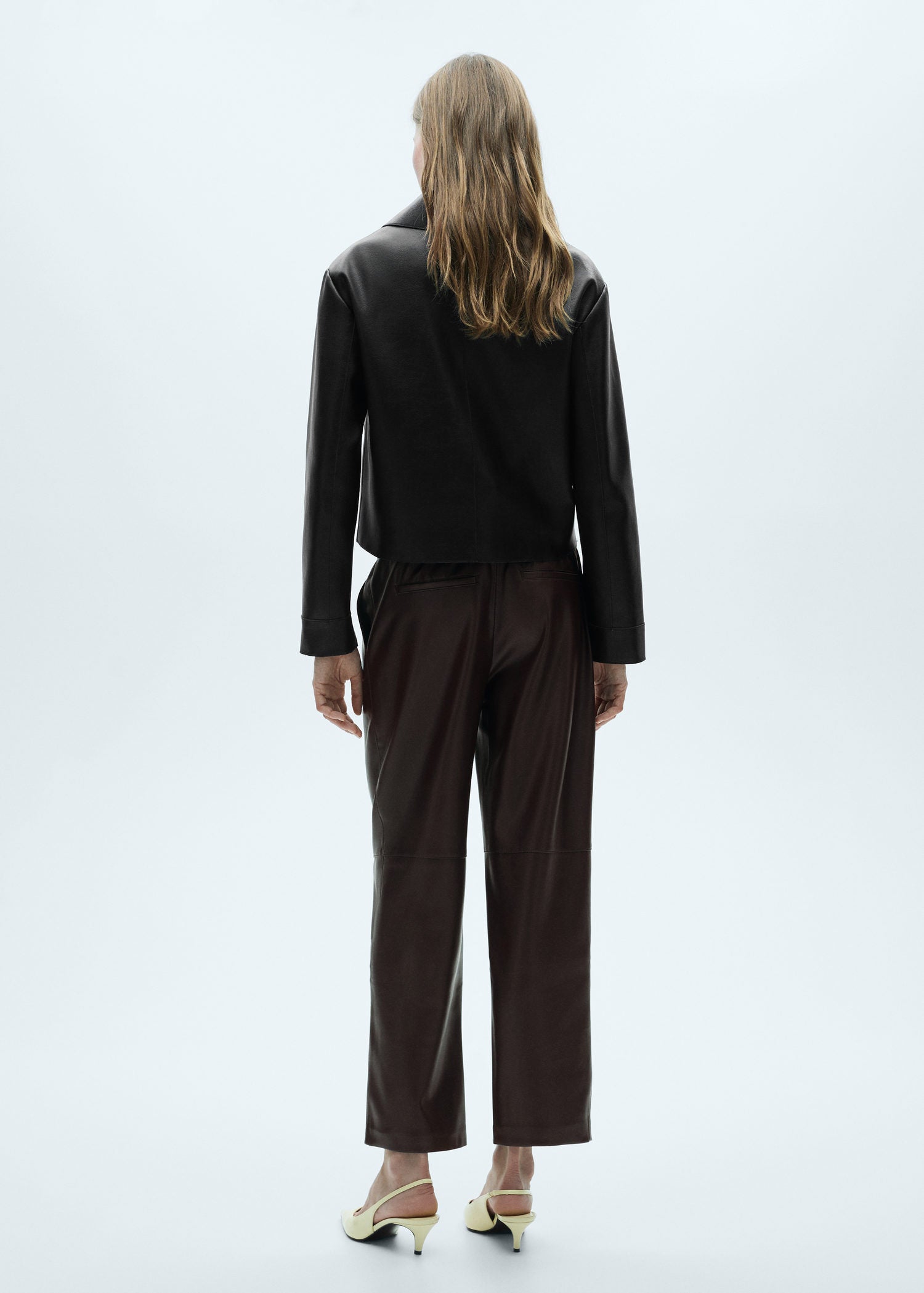 Mango Leather-effect elastic waist trousers - Dark Brown 2 Shaws Department Stores
