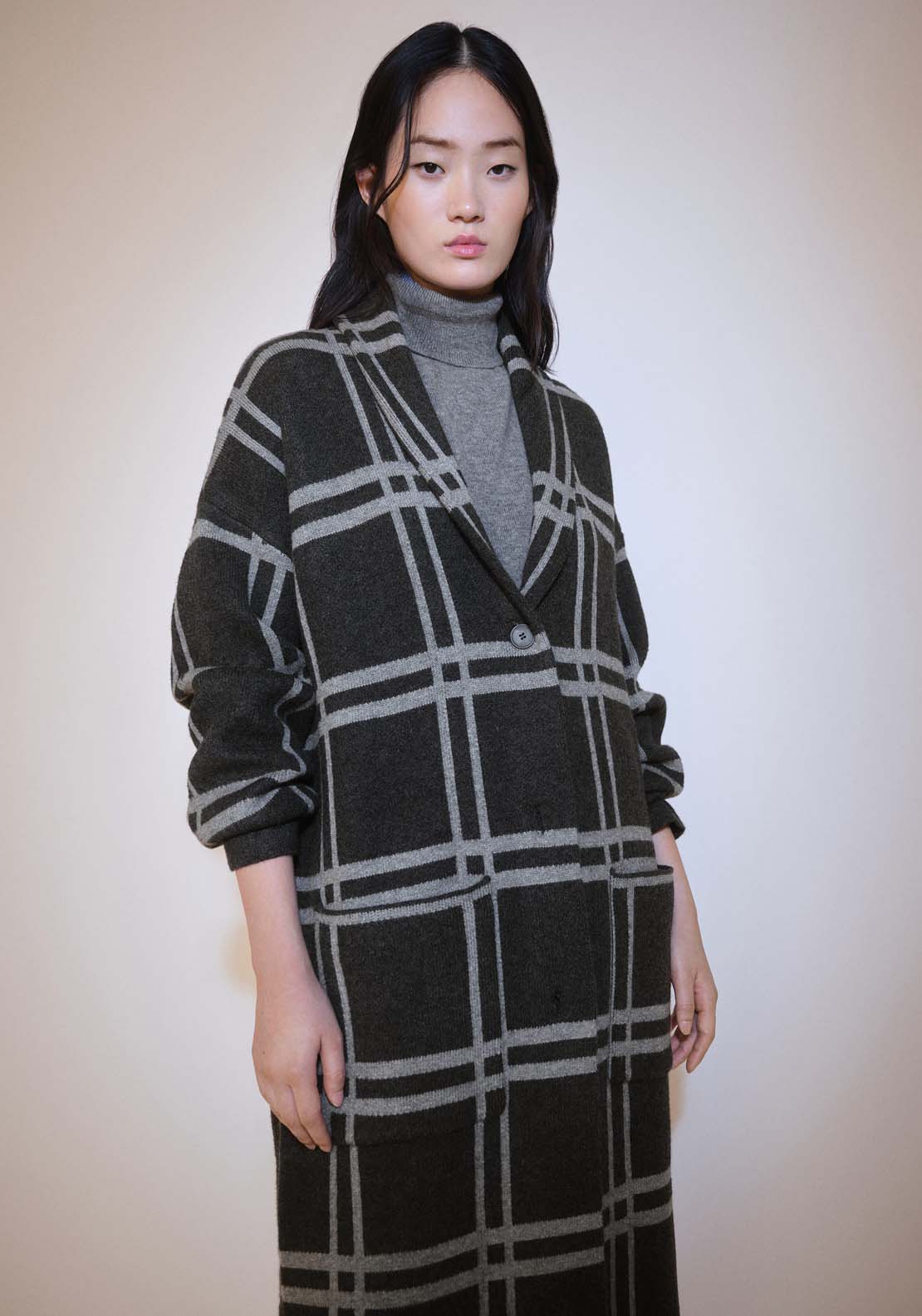 Mango Checked coat with one button - Charcoal 3 Shaws Department Stores