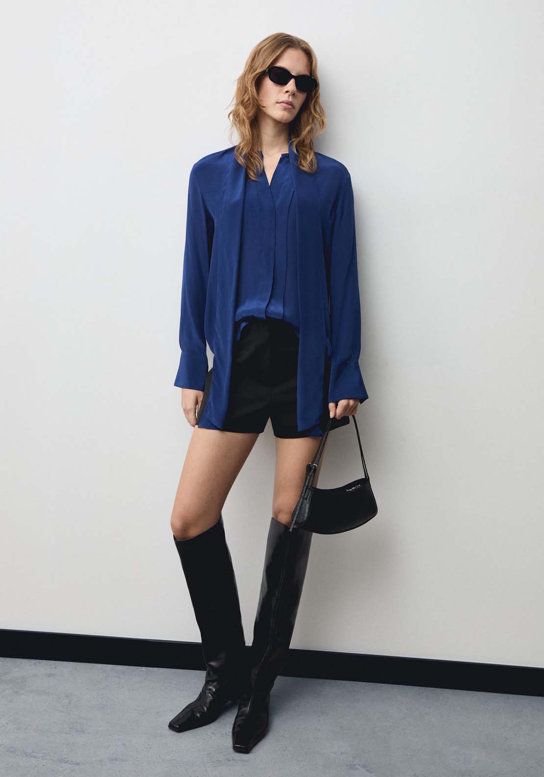 Mango Satin shirt with bow - Medium Brown 2 Shaws Department Stores