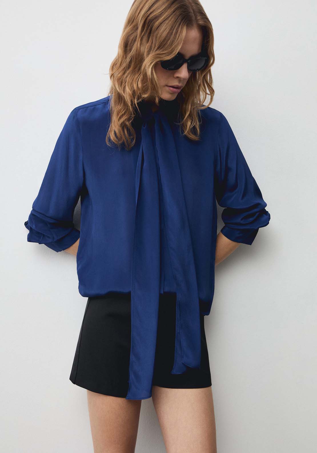 Mango Satin shirt with bow - Medium Brown 1 Shaws Department Stores