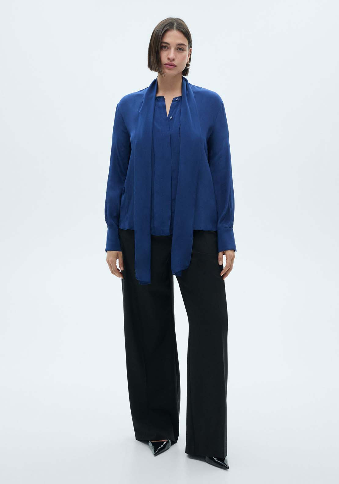 Mango Satin shirt with bow - Medium Brown 7 Shaws Department Stores