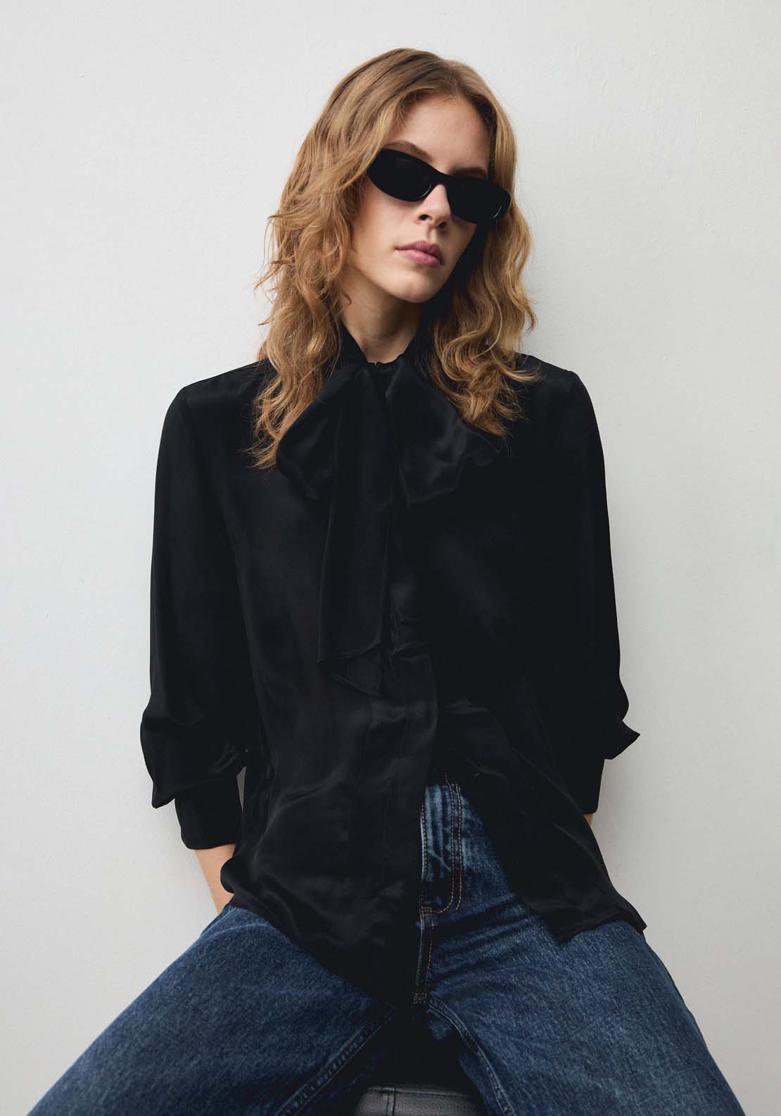 Mango Satin shirt with bow - Black 1 Shaws Department Stores