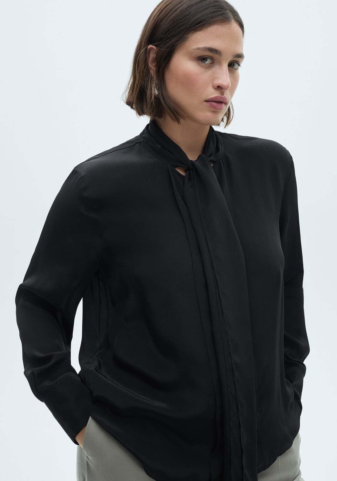 Mango Satin shirt with bow - Black 5 Shaws Department Stores