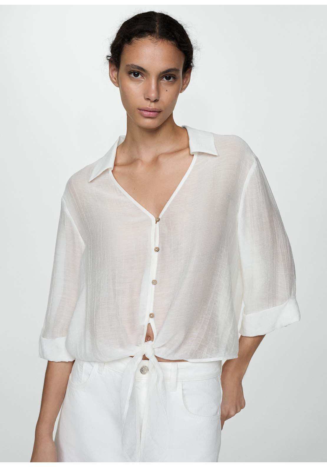 Mango Flared-sleeve blouse with bow - Natural 1 Shaws Department Stores
