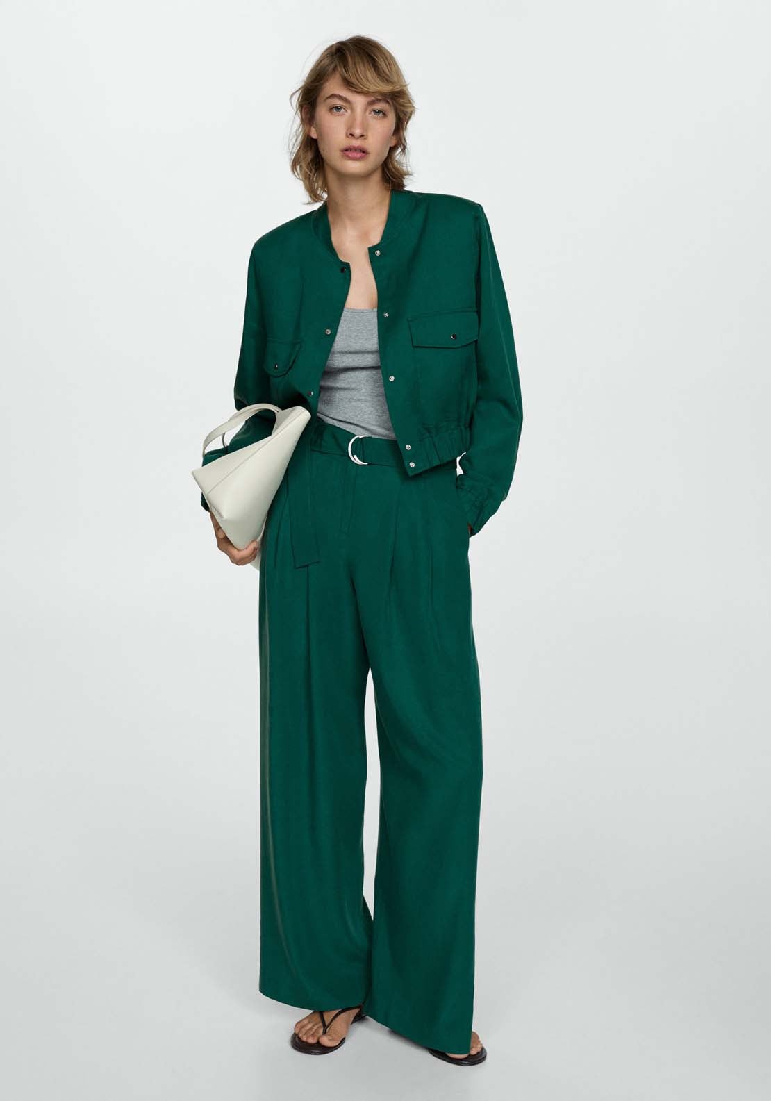 Mango Lyocell trousers with belt - Green 2 Shaws Department Stores