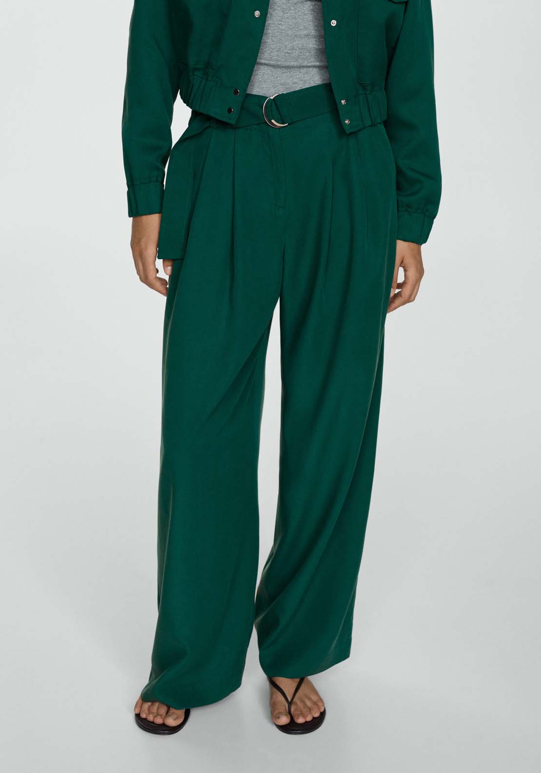 Mango Lyocell trousers with belt - Green 1 Shaws Department Stores