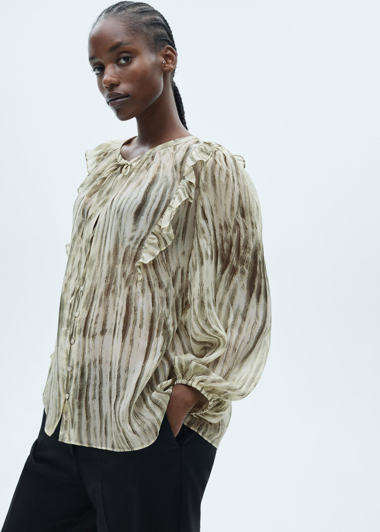 Mango Semi-transparent printed blouse - Green 1 Shaws Department Stores