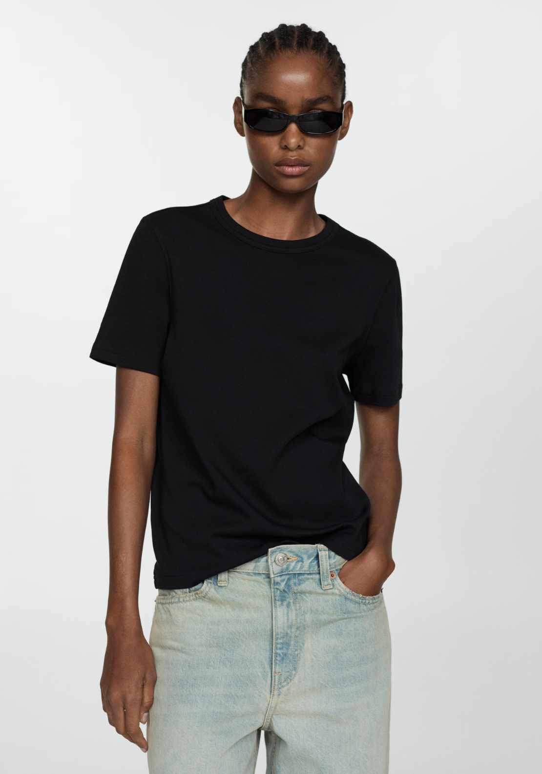 Mango Short-sleeved cotton t-shirt - Black 1 Shaws Department Stores