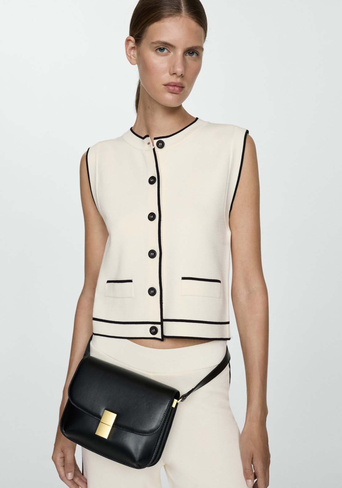 Mango Knitted waistcoat with contrast piping - Light Beige 1 Shaws Department Stores