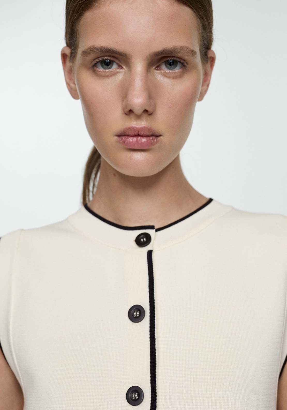 Mango Knitted waistcoat with contrast piping - Light Beige 3 Shaws Department Stores