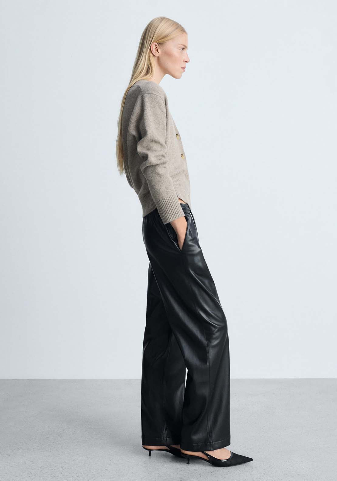 Mango Leather-effect elastic waist trousers - Black 3 Shaws Department Stores