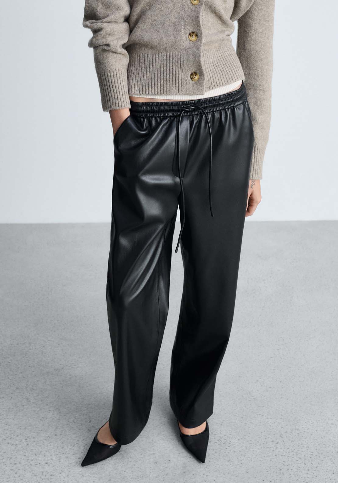 Mango Leather-effect elastic waist trousers - Black 1 Shaws Department Stores