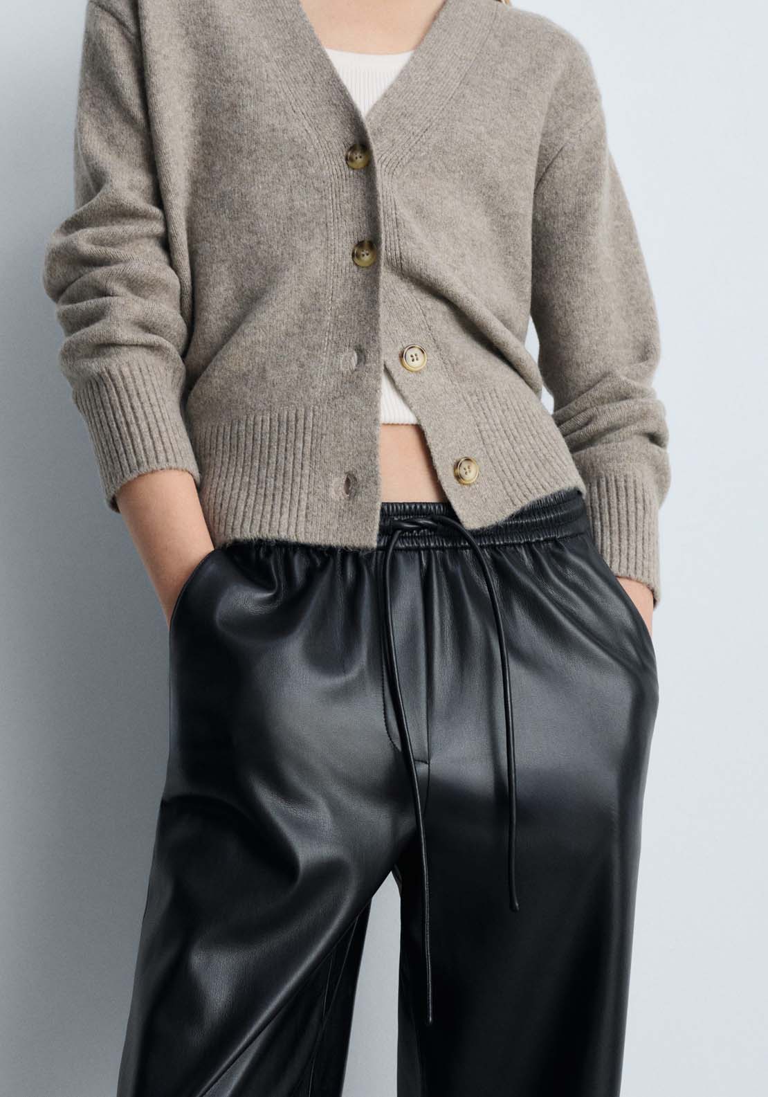 Mango Leather-effect elastic waist trousers - Black 2 Shaws Department Stores
