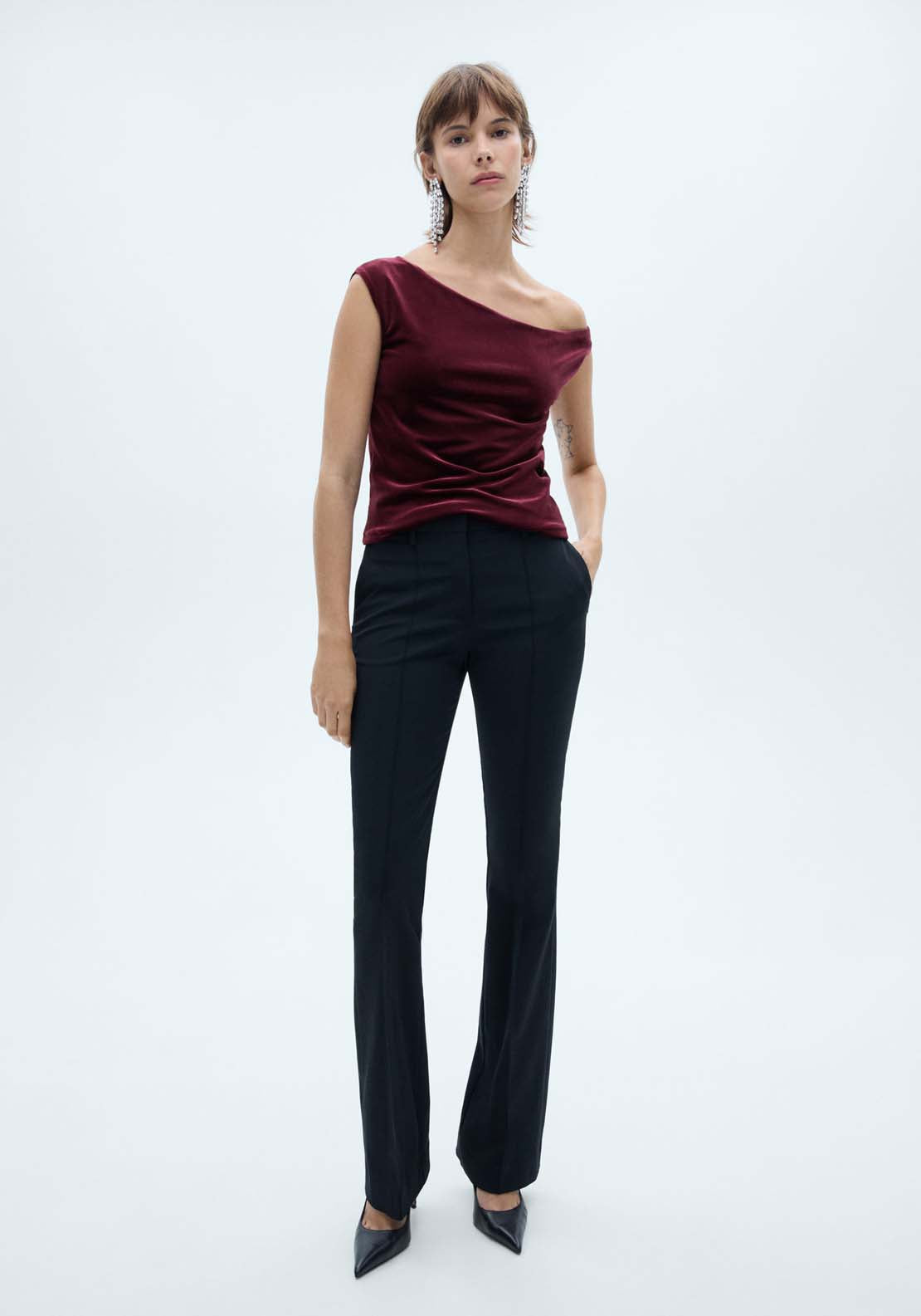 Mango Asymmetric velvet top - Dark Red 1 Shaws Department Stores