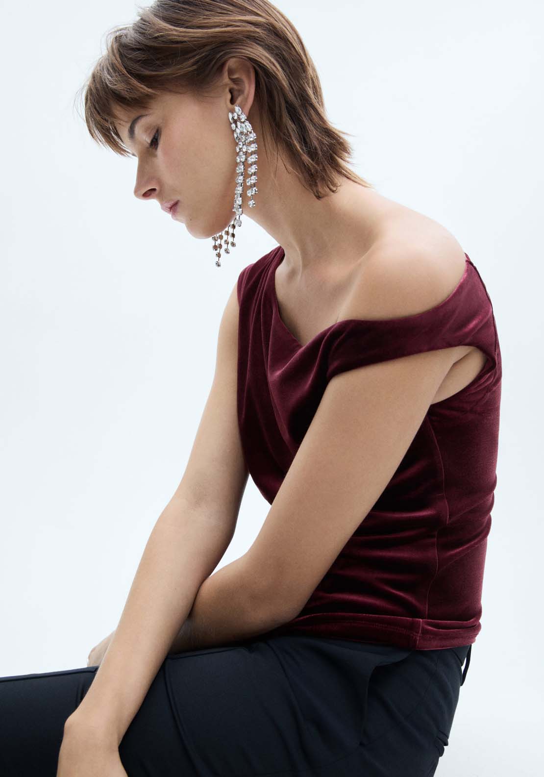 Mango Asymmetric velvet top - Dark Red 3 Shaws Department Stores