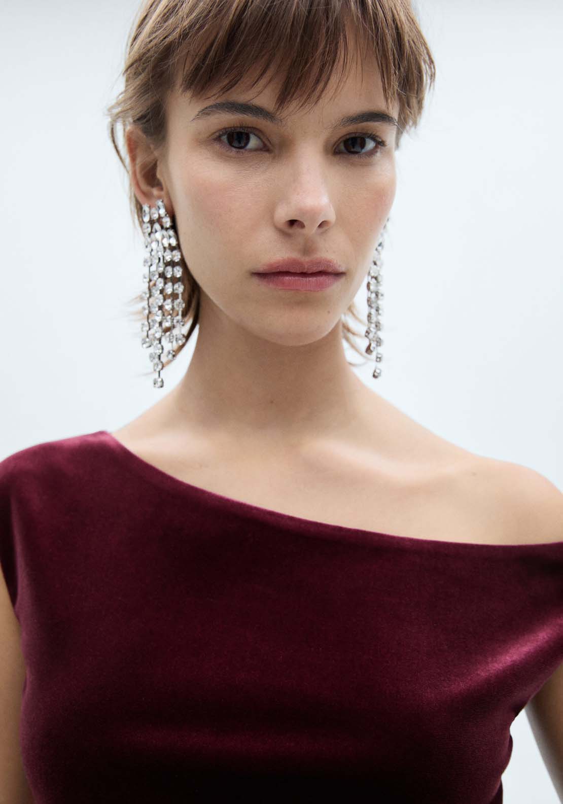 Mango Asymmetric velvet top - Dark Red 2 Shaws Department Stores