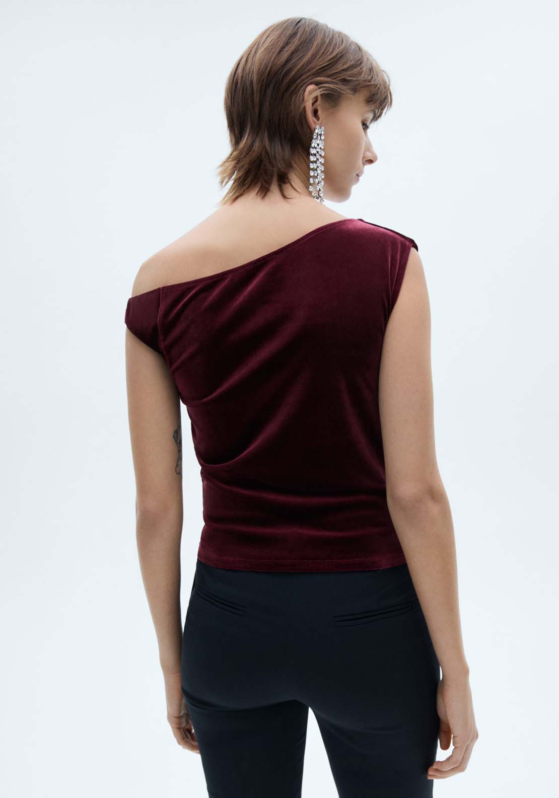 Mango Asymmetric velvet top - Dark Red 4 Shaws Department Stores