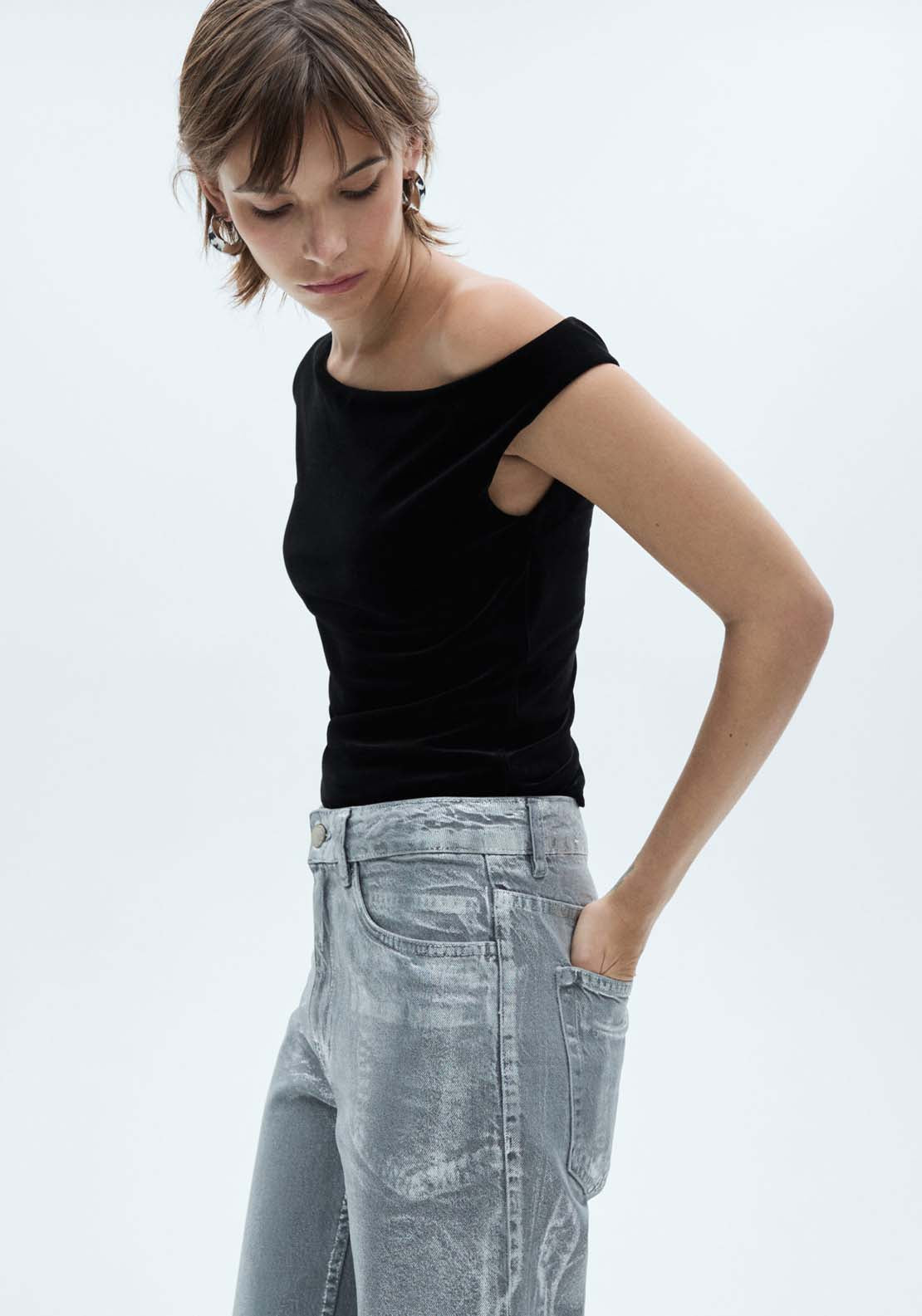 Mango Asymmetric velvet top - Black 1 Shaws Department Stores