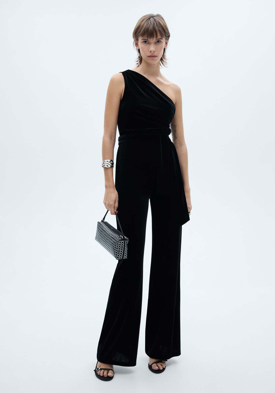 Mango Asymmetric velvet jumpsuit - Black 1 Shaws Department Stores