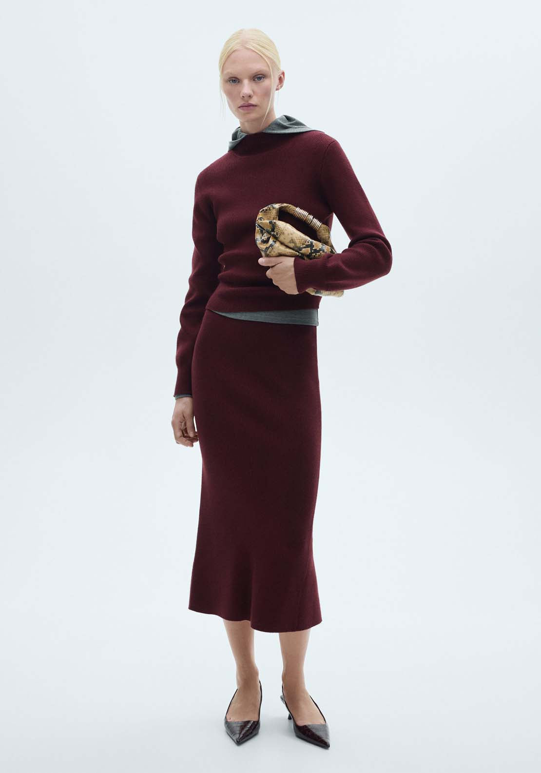 Mango Ribbed midi skirt - Dark Red 2 Shaws Department Stores