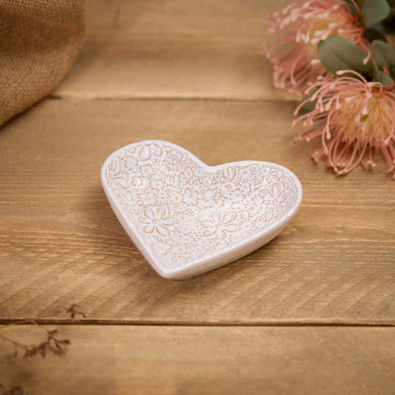 The Home Collection Small Embossed Flower Heart Dish - White Ceramic 1 Shaws Department Stores