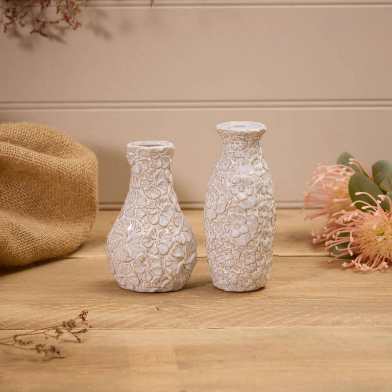 The Home Collection Small Embossed Flower Vase - White Reactive Glaze 1 Shaws Department Stores
