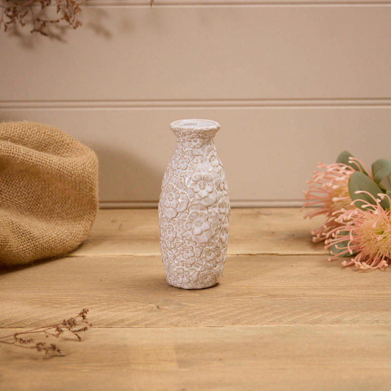 The Home Collection Medium Embossed Flower Vase - White Ceramic Design 1 Shaws Department Stores