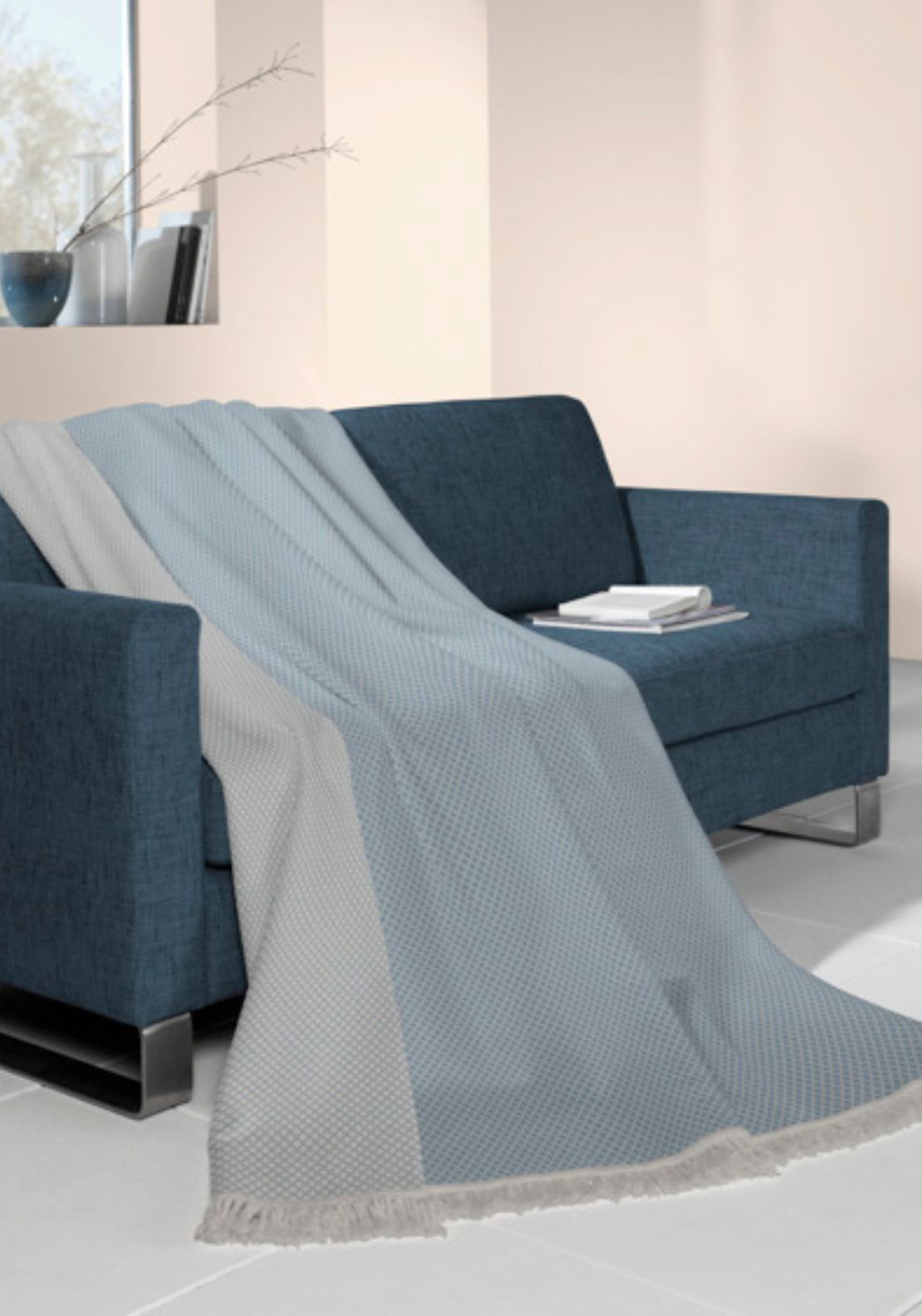 Biederlack Cotton Blend Diamond Pattern Throw - Blue 1 Shaws Department Stores