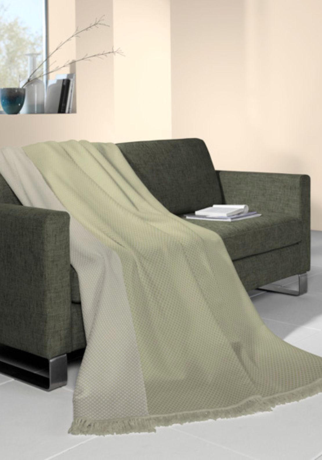 Biederlack Cotton Blend Diamond Pattern Throw - Green 1 Shaws Department Stores