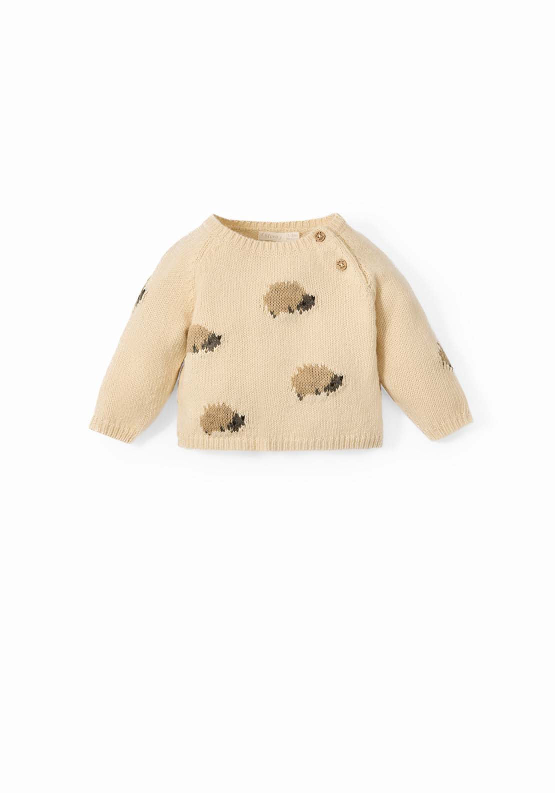 Knit Sweater With Hedgehog Design - Cream