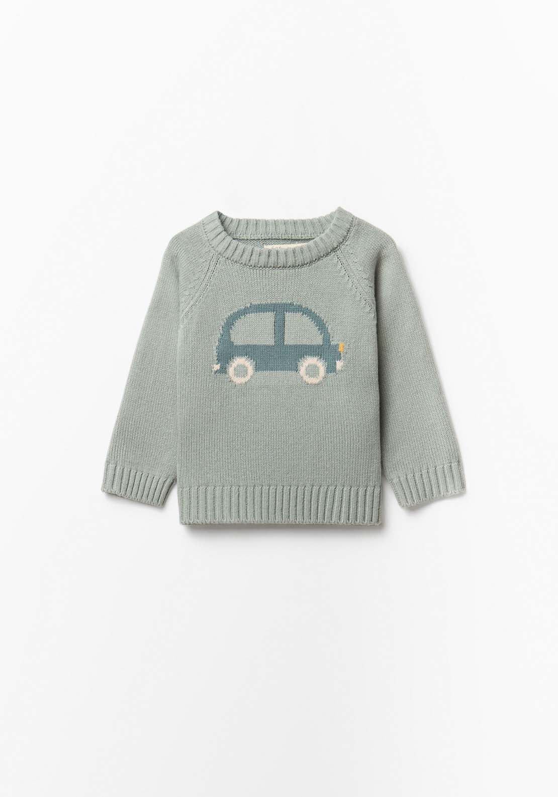 Sweater with Car Intarsia - Green