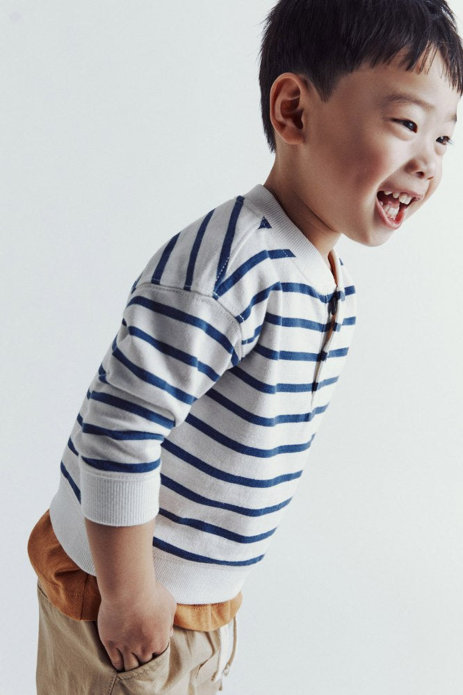 Sfera Stripes Henley collar sweatshirt - Ecru 1 Shaws Department Stores