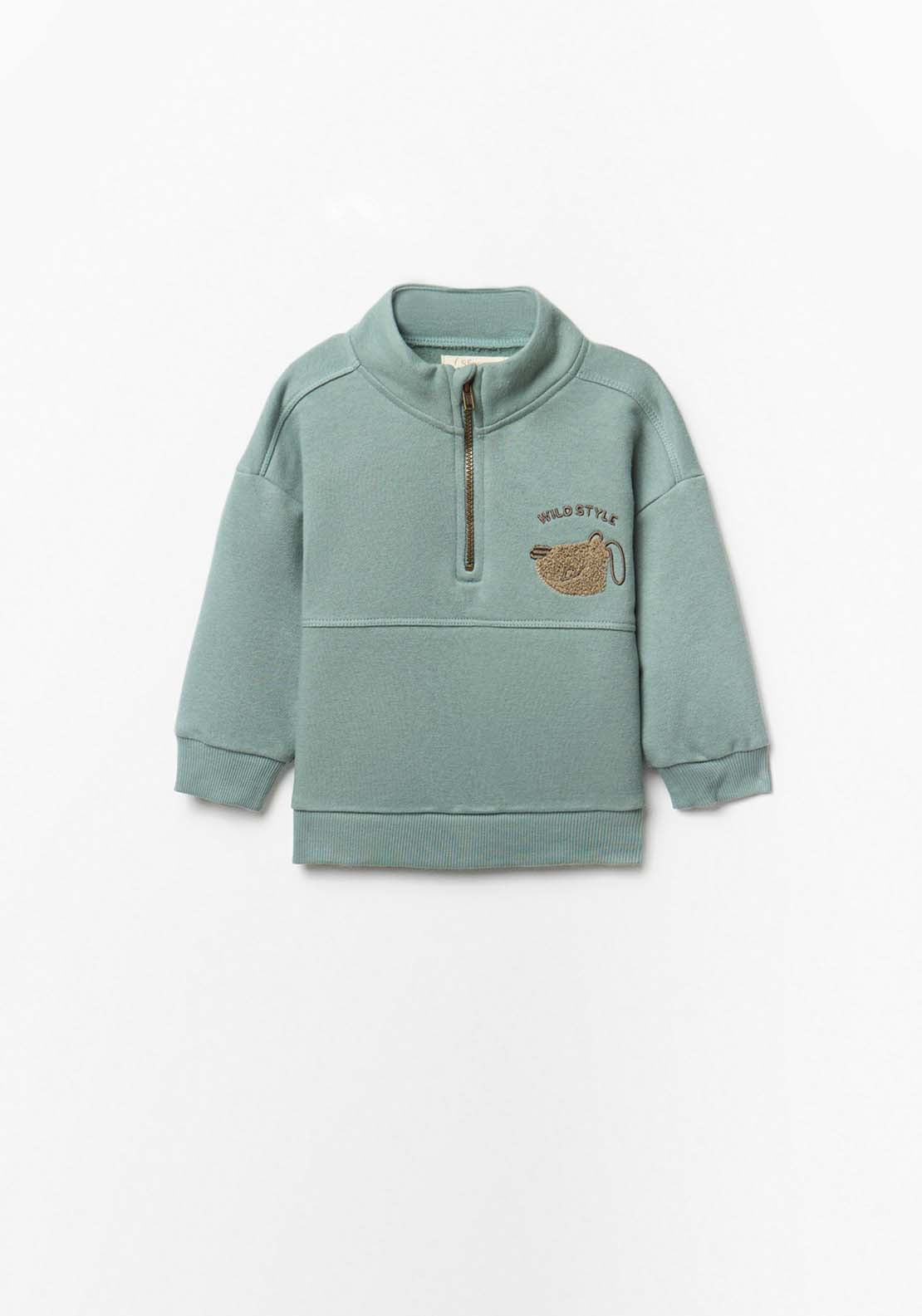 Sweatshirt With Zip Neck &amp; Patch Detail - Green