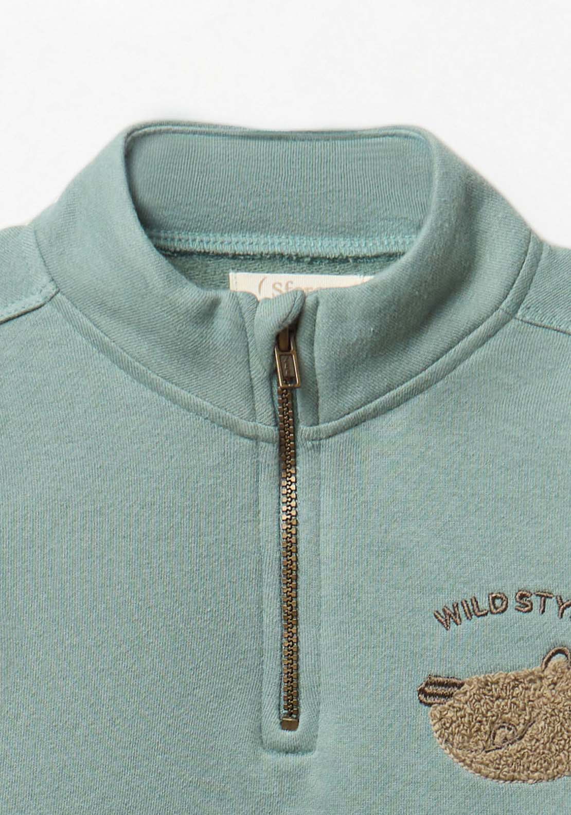 Sweatshirt With Zip Neck &amp; Patch Detail - Green